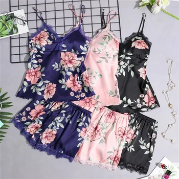 

Plus size pajamas Silk Floral Overall Print 5Pcs Pajama Set 2020 Satin Pyjamas Sexy Lace Sleepwear pijamas women home clothes