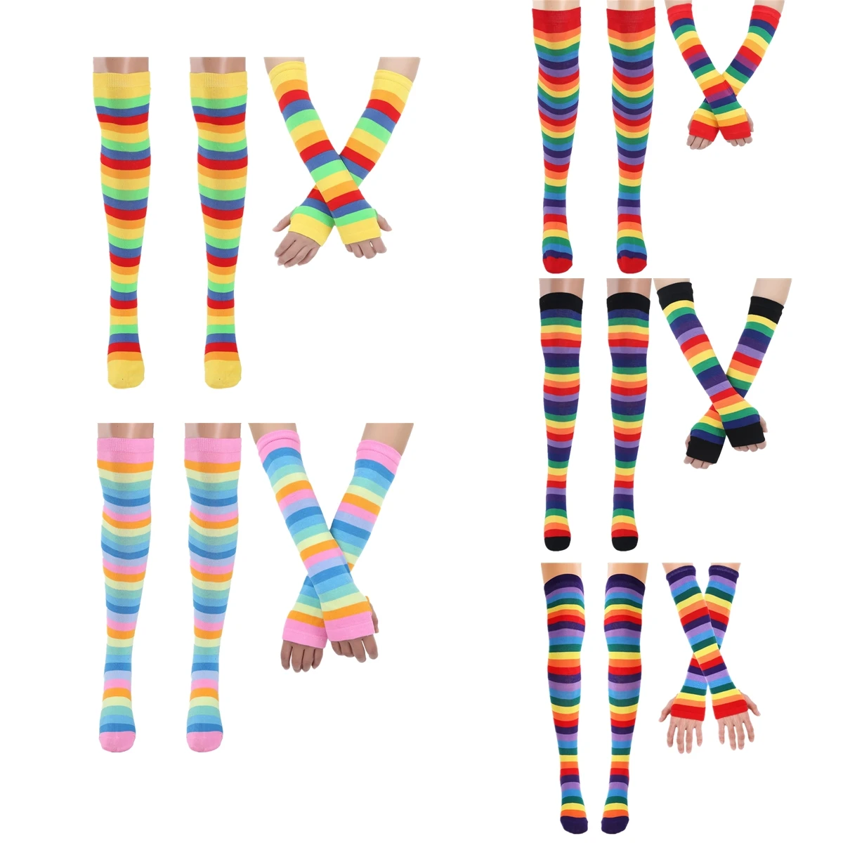 

Women Girls Colorful Rainbow Striped Knee Thigh High Socks Arm Warmer Gloves for Halloween Costume Fun Party Cosplay Performance