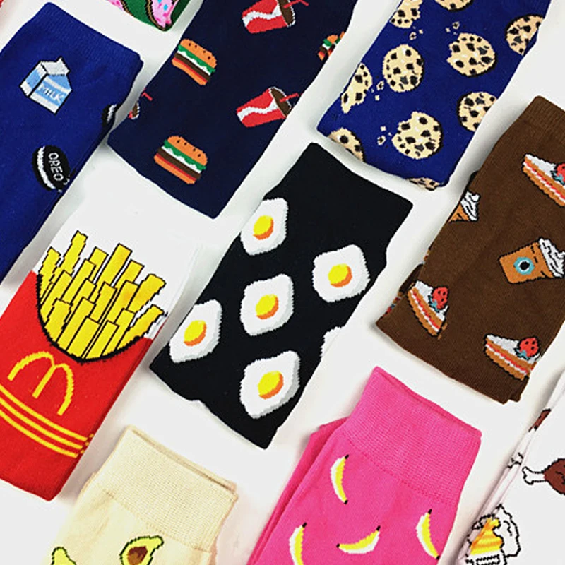 Beer Women Socks Funny Cute Cartoon Fruits Banana Avocado Lemon Egg Cookie Donuts Food Happy Japanese Harajuku skateboard Socks