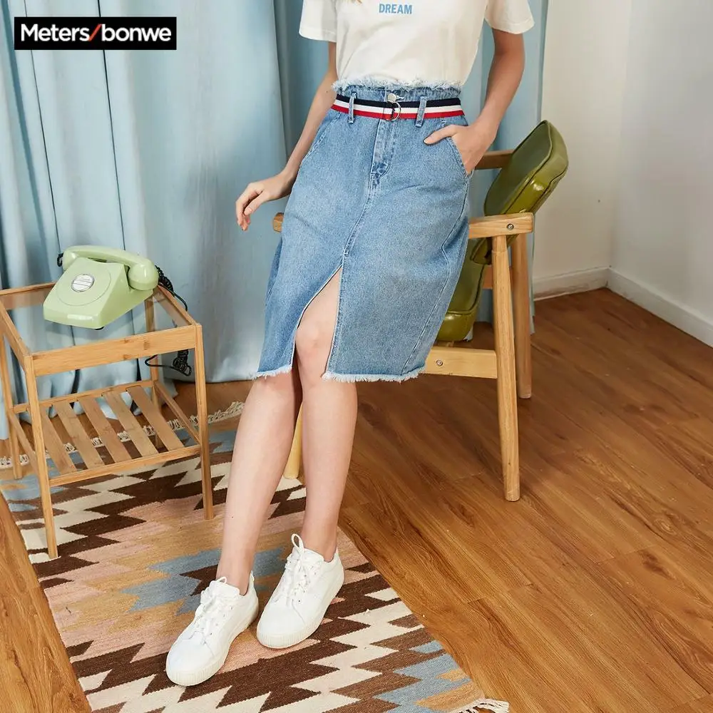 Metersbonwe skirt women 2020 new Spring summer trend fashion personality front split denim Sweet High Waist Mid Skirt | Женская одежда