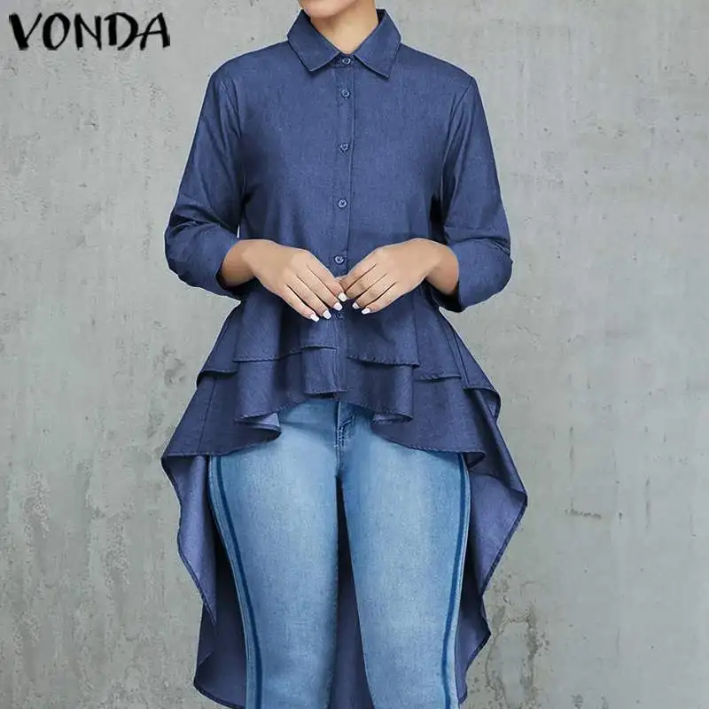 

VONDA Tunic Women Long Shirts Asymmetric Blouse 2020 Spring Summer 3/4 Sleeve Ruffle Shirts Plus Size Casual Loose Bohomian Tops