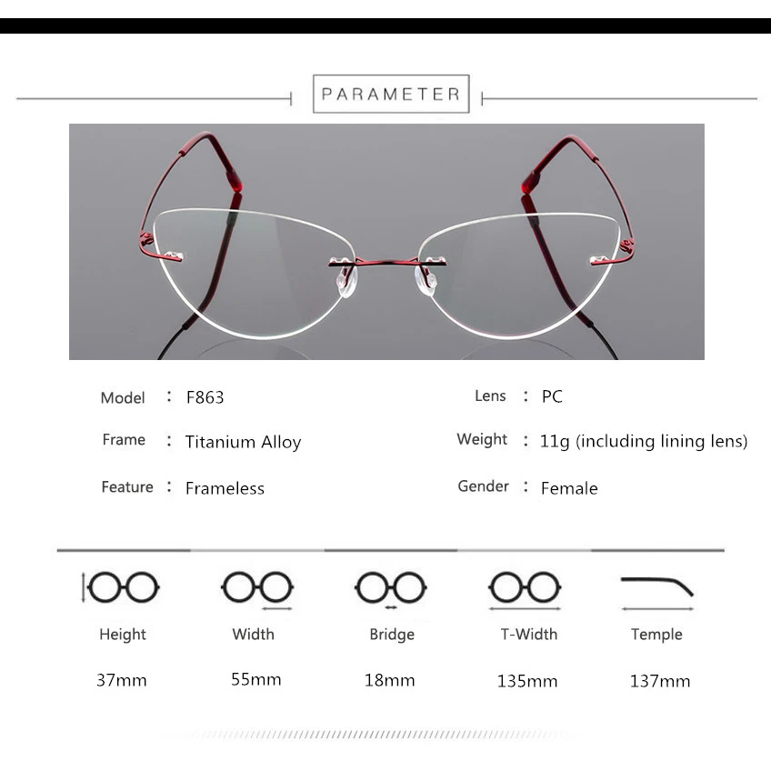 Женские без оправы Оправа очков из титанового сплава, женские ультралегкие оправы для очков кошачий глаз, по рецепту Пресбиопия Близорукость Оптические