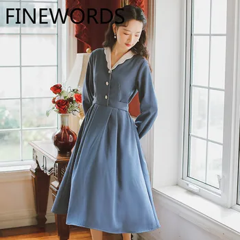 

FINEWORDS 2020 Spring Dresses Solid Vintage Dress Long Sleeve Gentlewomen Party Dress Peter Pan Collar A-line Vestidos De Verano