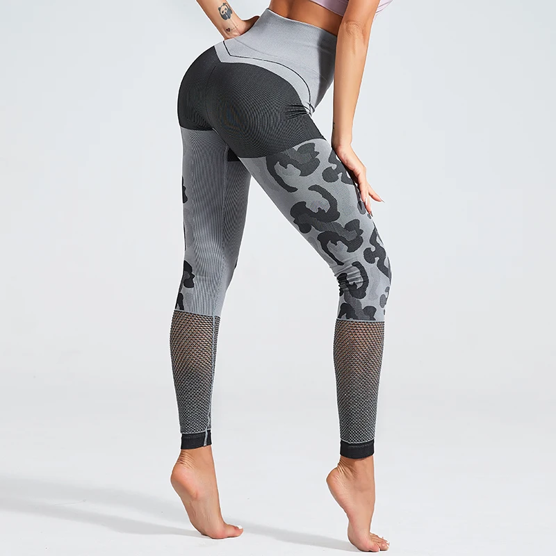 

New Fashion Camouflage Knitted Women Seamless Leggings Breathable Hollow Mesh Gym Leggings Fitness Leggings Push Up Yoga Pants