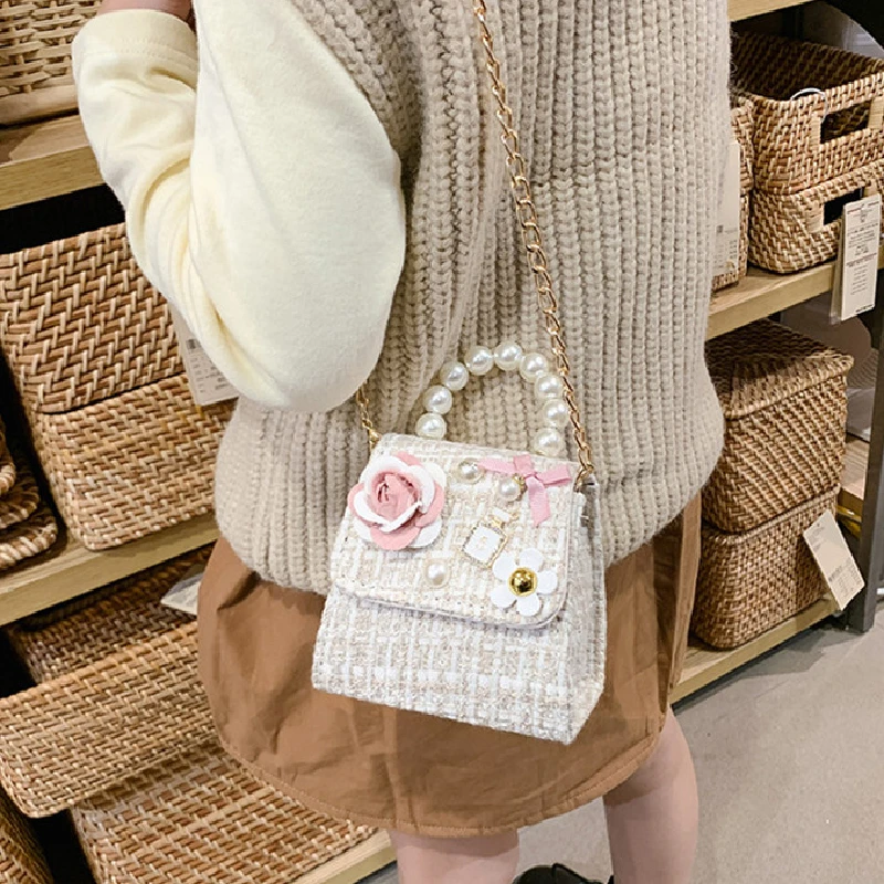 Baby Mini Bow Flower Crossbody Bags Girls Princess Lace Manual Pearl Chain Shoulder Bag Fashion Kids Keys Coin Purse School Bag
