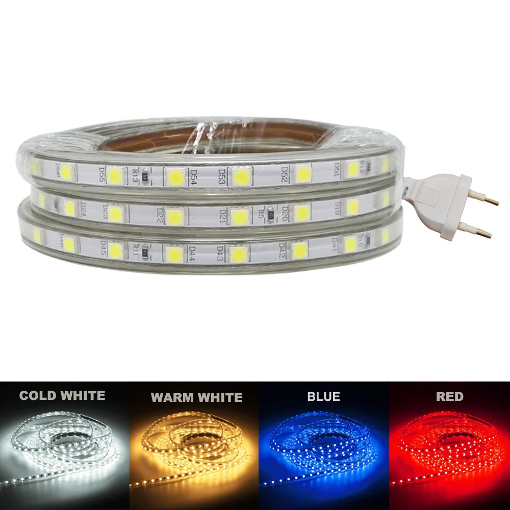 

LED Tape 220V AC Flexible Waterproof IP65 LED Garland Strip Light SMD 5050 Rope EU Power Supply Plug Blue 1M 2M 5M 10M 15M 20M