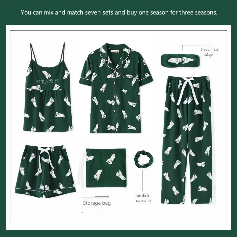 Wontive Casual Short sleeve trousers Thin section cotton Femme Pajama Set 7 Pieces Stitch lingerie Comfortable home clothe
