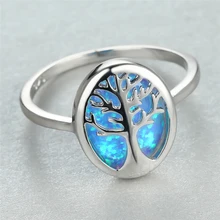 Cute Tree of Life Ring Blue Fire Opal Rings For Women Wedding Jewelry Vintage Fashion Silver Color Engagement Ring Bridal Gifts