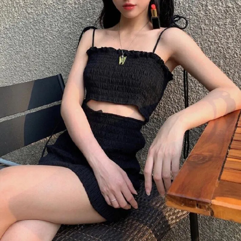 2020 Sleeveles Pressure Crepe Elastic Sexy Bodycon Mini Dress Summer Women Hollow Out Party  Dresses Club Clothes