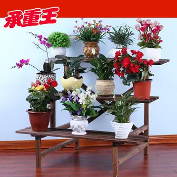 

Carbonized anticorrosive wood flower stand balcony shelf multi-layer step flower shelf outdoor flower pot rack