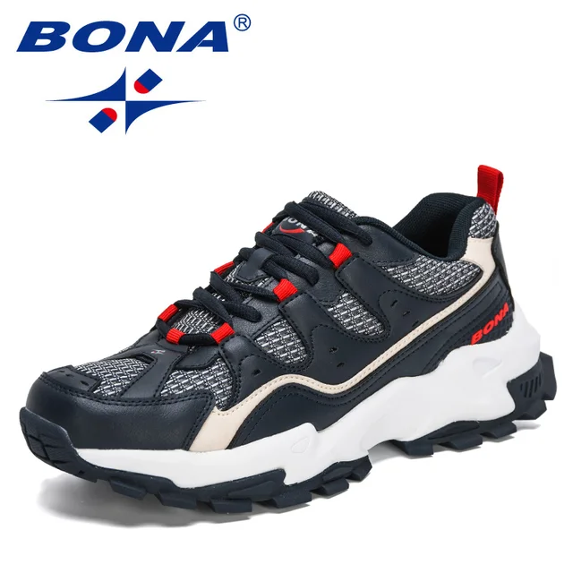 BONA 2021 New Designers Action Leather Running Sneakers Men Jogging Shoes Walking Footwear Man Athletic Trainer Shoes Mansculino Deep blue L beige