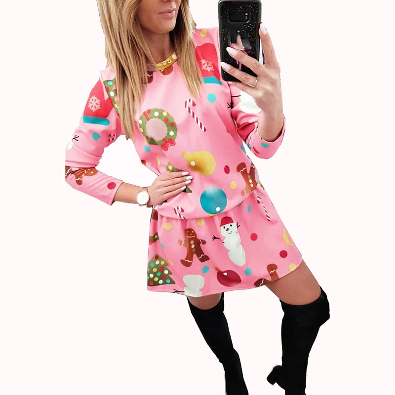 

Cute Long Sleeve Christmas Dress Casual Pink Color Women Dresses Mini Straight Robe Femme Womens Clothing 2019 SJ4348R