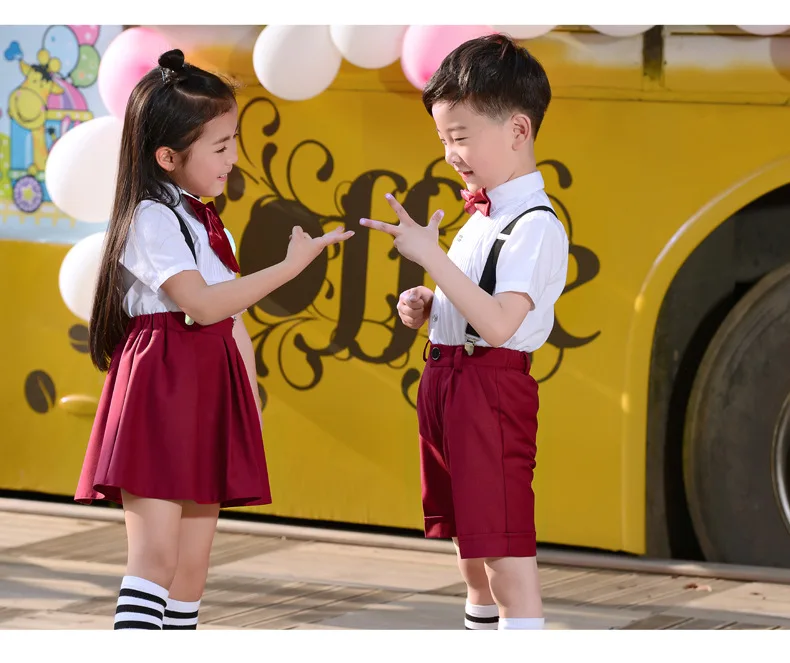 Детская Хлопковая Корейская школьная форма для девочек и мальчиков, белая рубашка красная юбка и шорты, комплект одежды с галстуком Студенческие костюмы, костюм