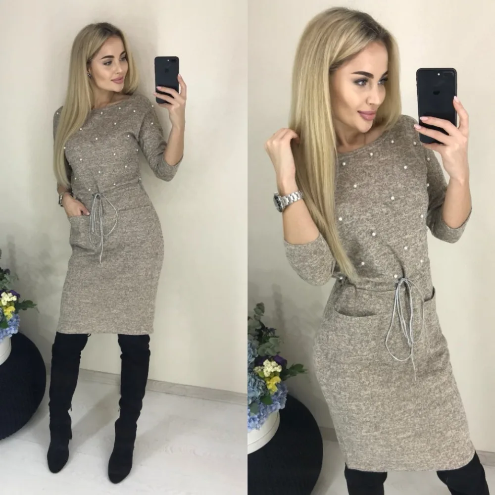 Online 2019 neue Frauen Winter Frühling Farben Baumwolle Kleid Friesen Knie Länge Stretch Elegante Lange Hülse O ansatz Taschen Büro Kleider