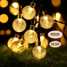 12 м 100 светодиодный хрустальный шар Солнечный водонепроницаемый открытый светящиеся гирлянды на солнечной энергии питание земная Фея гирлянды для Рождества