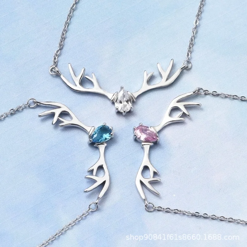 

A Deer You Hot Selling Elk Horn Necklace Women's S925 Fine Silver Douyin Choker Korean-style Simple All the Way to Have You