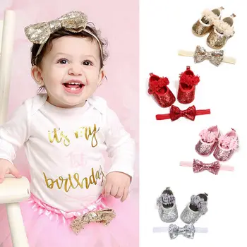 

Bowknot Sequins Baby Girls Shoes Infant Newborn Princess Shoes First Walkers + Hairband Baby Girl Birthday Party Shoes