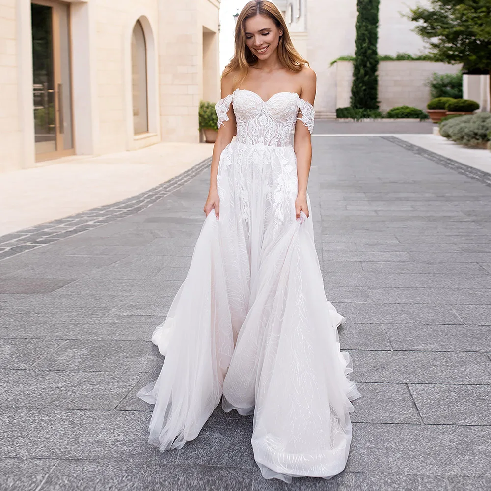 

Charming Sweetheart Off The Shoulder Wedding Dresses A-Line Lace Appliques Bridal Gowns Open Back Sweep Train Vestidos De Noiva