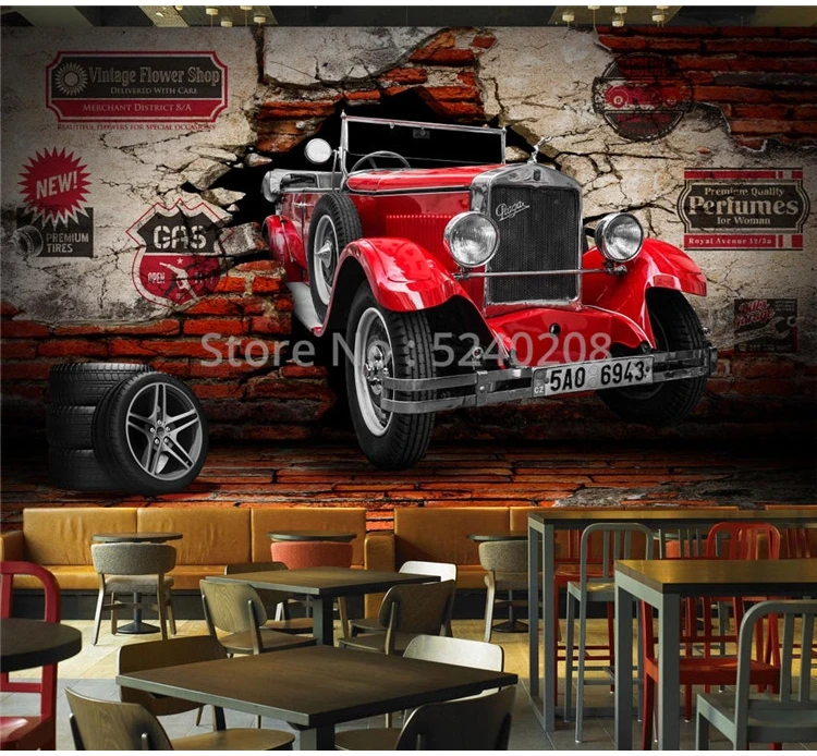 Пользовательские фото обои ретро красный автомобиль сломанные настенные фрески Ресторан кафе бар задний план Настенный декор ПВХ водонепроницаемый утолщенный стикер