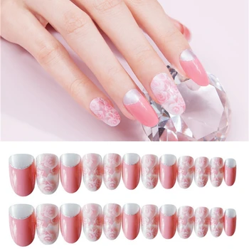 

24 Pcs Artificial Fake Nails Gradient Pink Rose French False Nails Short Oval Lady Nails For Manicure Tool Z233
