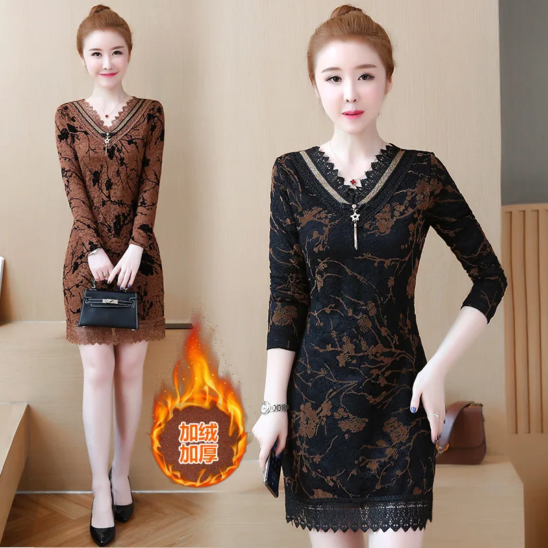 

2018 Autumn And Winter New Style Slim Fit Slimming Elegant Dress plus Velvet Lace Joint Base Skirt Women's