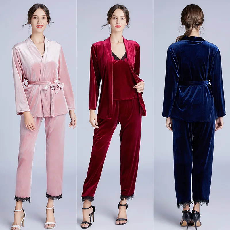 

Yao ting Gold Velvet Pajamas Women's Spring Skirt with Shoulder-straps Robe Trousers Three-piece Set-Home Wear Sr1263