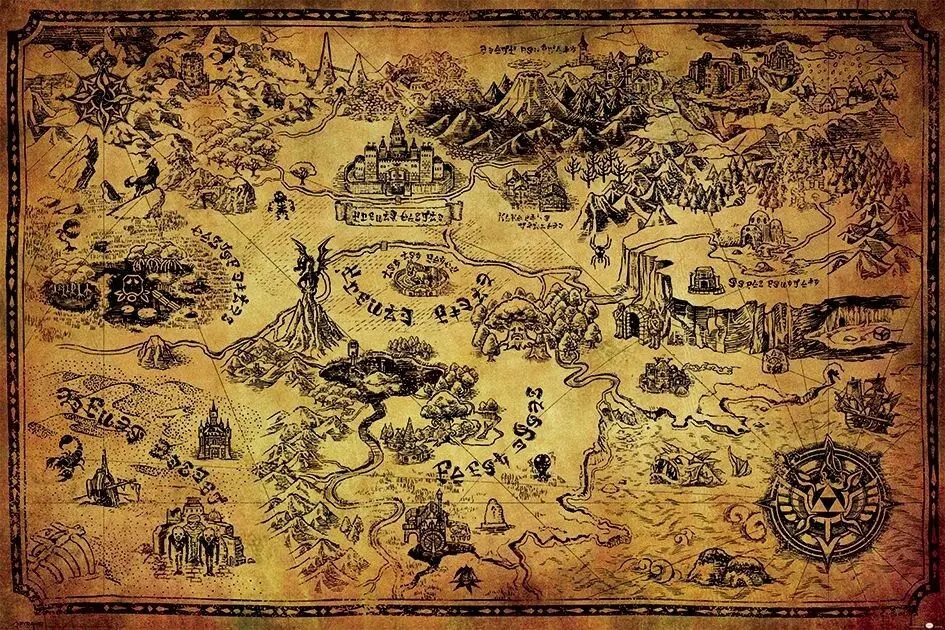 Легенда о Зельде Hyrule карта Плакат Шелка декоративной живописи 24X36Inch|Рисование и