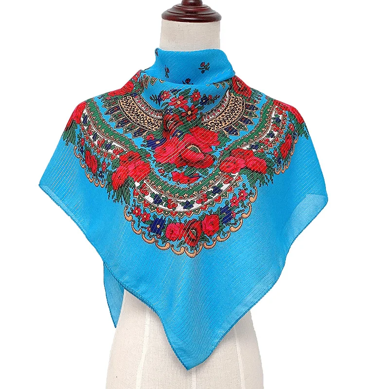 Модный женский шарф с цветочным принтом, роскошный брендовый головной убор на весну и осень, хиджаб, Женский русский хлопковый платок - Цвет: TJ03 sky blue