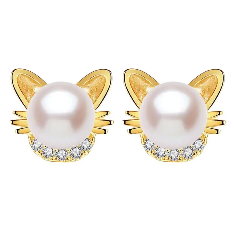 Новые модные популярные серьги-гвоздики в виде кота, серьги-гвоздики из золотого и серебряного пресноводного жемчуга, серьги-гвоздики с милой коробкой для ювелирных изделий