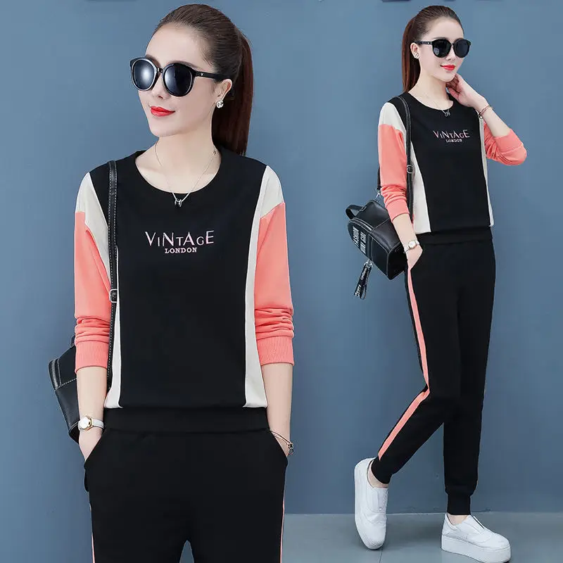 

Autumn New Fashion 2 Piece Set Splicing Color Long sleeved Round Neck T-shirt and Trousers Two Piece Set for Women Clohtes