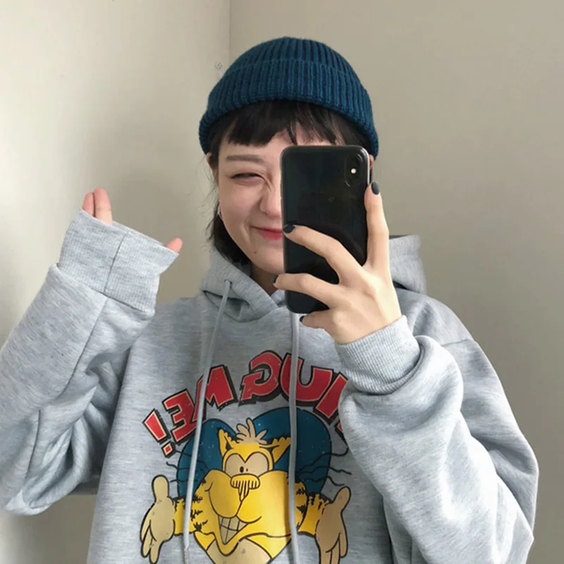 Gray ins утолщение плюс бархат mschf мультфильм милый с капюшоном Маркус Топ Женская Студенческая одежда cec куртка бомба Маркус Джерси Топ - Цвет: Gray
