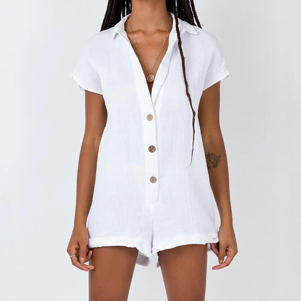 

Cotton Linen Women Jumpsuit Fashion Casual Solid V-neck Ladies Short Sleeve Button Loose Playsuits Ropa Mujer 2020 Drop Shipping