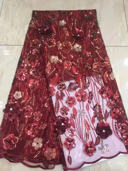 

excellent design red 3D Sequins lace fabric net lace fabric for haute couture dress FD102