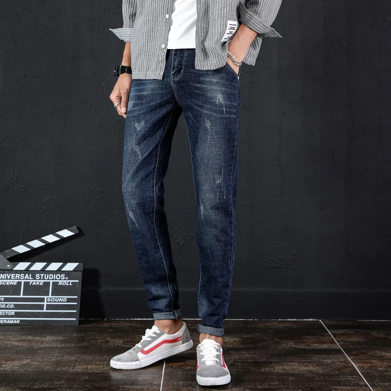Осень стиль Мужские джинсы корейский стиль тренд Slim Fit Мужские брюки молодежные модные повседневные Эластичные Обтягивающие Брюки