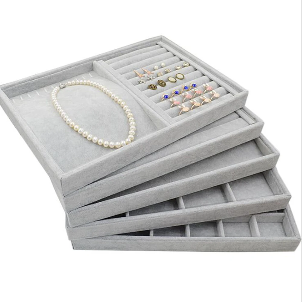 2xGrey Velvet Necklace Earring Bracelet Tray Storage Case Holder Organizer 