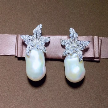 

Maple Leaf 925 Sterling Silver Baroque Shell Pearl Dangle Earring Paved AAA Zircon Stone Irregular Pearl Women Wedding Jewelry