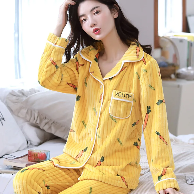 

Autumn & Winter WOMEN'S Pajamas WOMEN'S Thick Velvet Long Sleeve Warm Coral 2-Piece Korean-style Flannel Sweet Cardigan