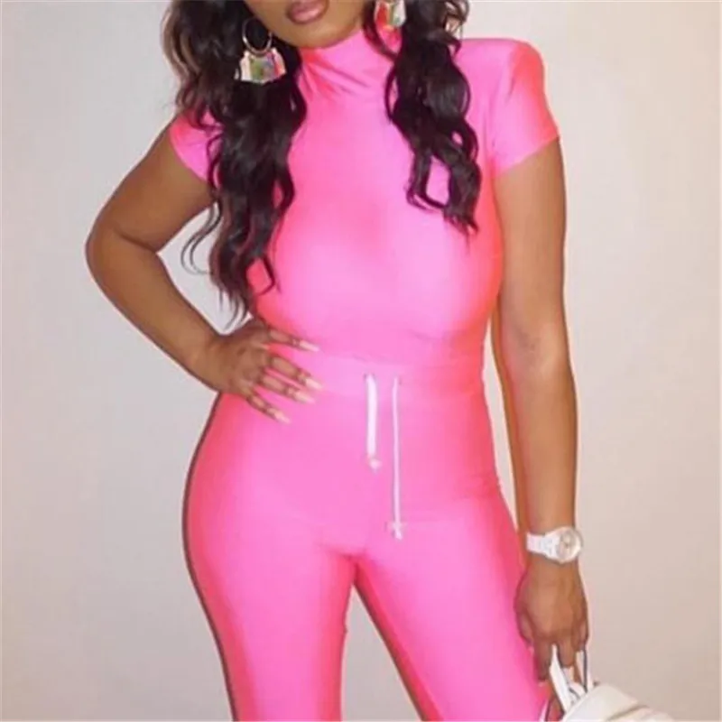 

Lady Pink Bodysuits Women Summer Short Sleeve Bodysuit Turtleneck Sexy Rompers Outfits Rose Red Bodysuit Club Jumpers GV600