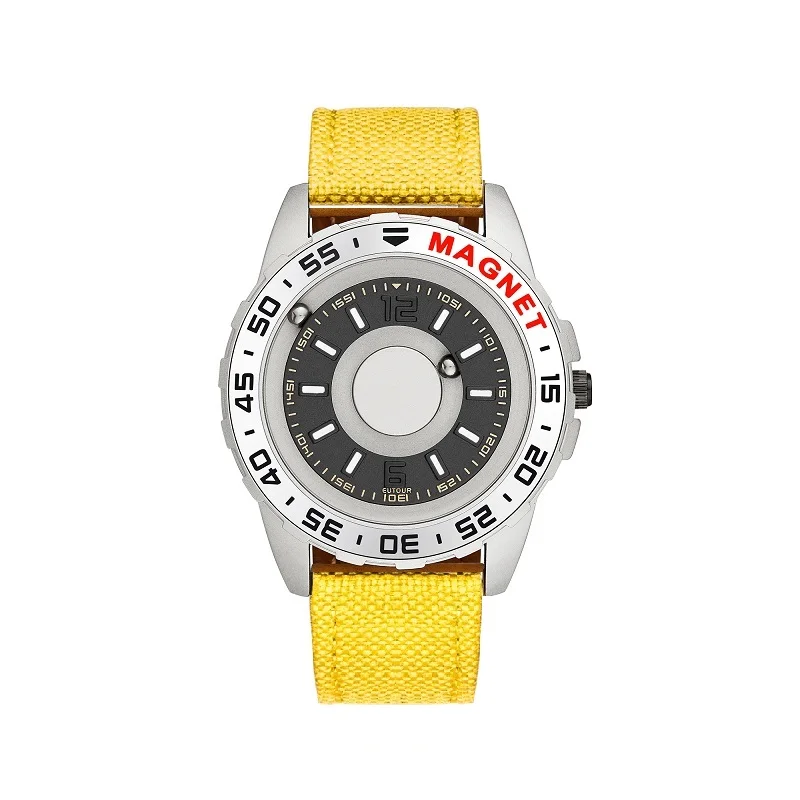 Новые часы eutour мужские инновационные магнитный шарик шоу кварцевые мужские часы из натуральной кожи холщовый стальной ремешок часы Relogio Masculino - Цвет: Silver Yellow Canvas