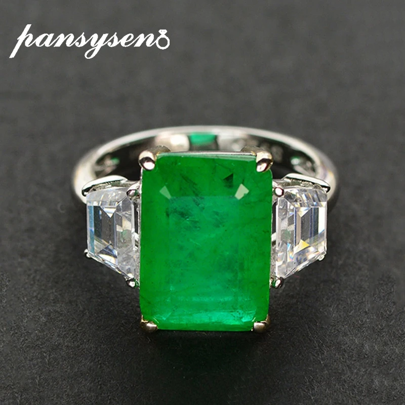 

PANSYSEN Vintage 100% Solid 925 Sterling Silver 10x14MM Emerald Diamond Anniversary Party Rings for Women New Fine Jewelry Ring