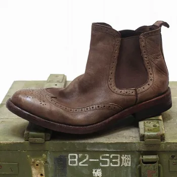 

Men Motorcycle Cowhide Winter Genuine Leather Chelsea Vintage Wing Tip Brogue High Top Work Safety Shoes Biker Ankle Boots