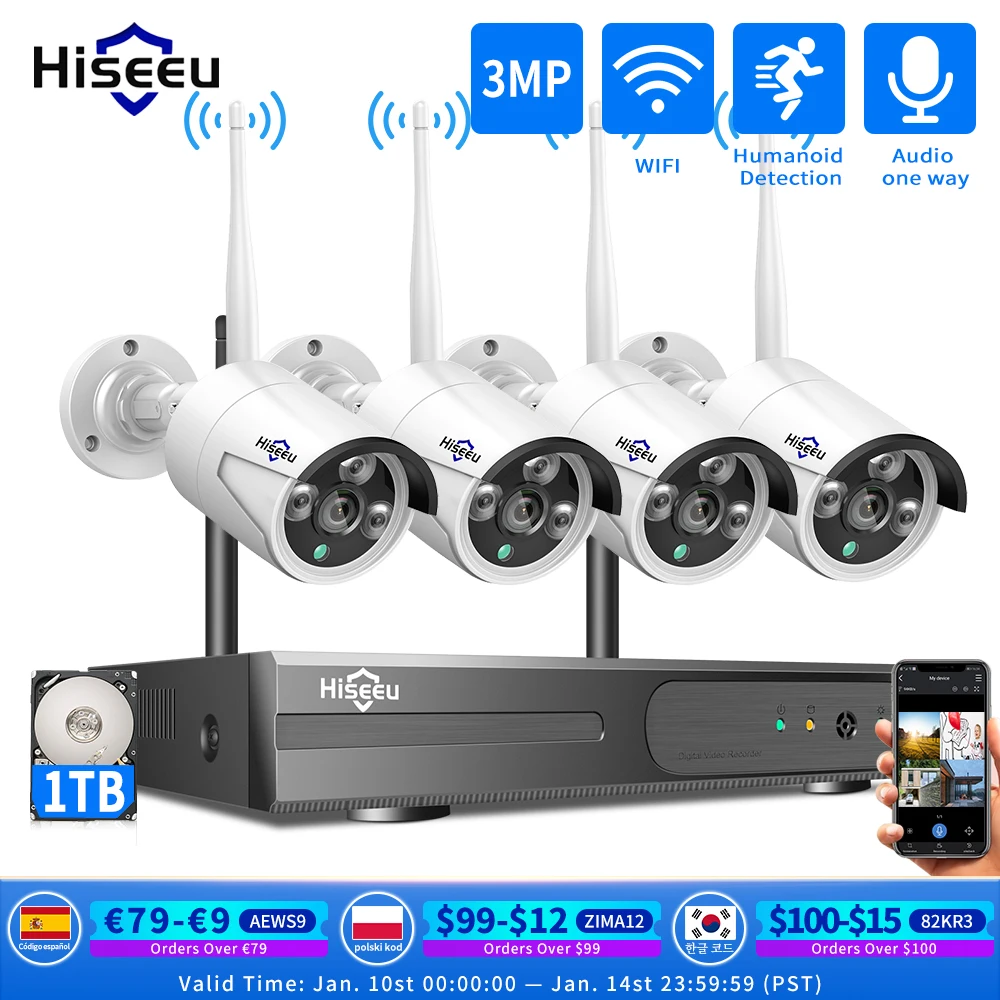  Hiseeu 8CH Беспроводная CCTV система 1536P 1080P NVR wifi наружная 3MP AI IP камера система безопасности видеонаблюдение ЖК-монитор комплект 