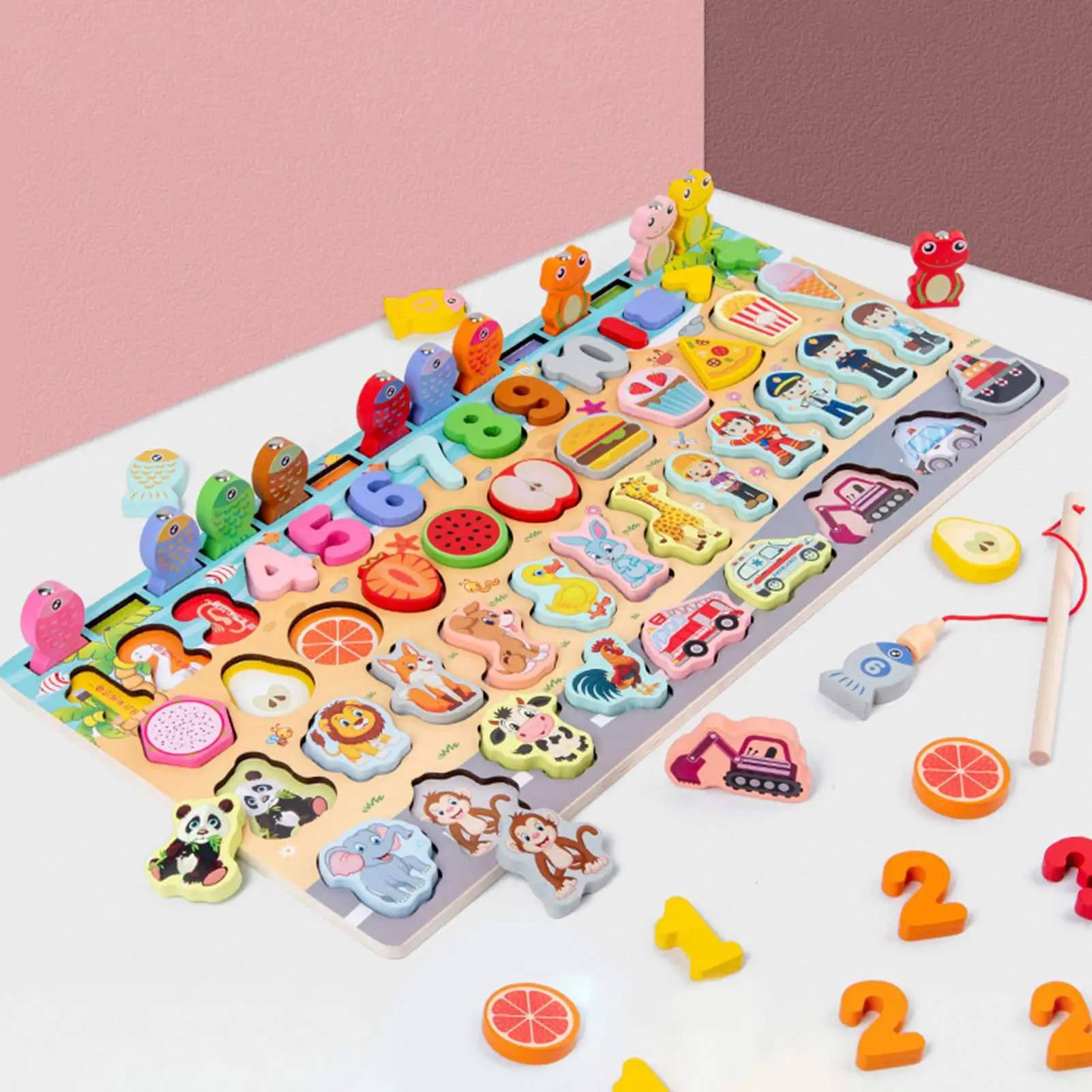

Montessori Educational Toy 8 In 1 Multifunctional Wooden Matching Puzzle Board Game Fruit Animal Number Cognition for Children