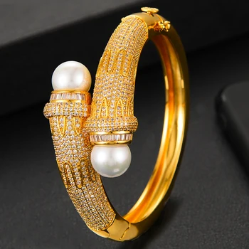 

GODKI African Bangle Cuff For Women Wedding 2020 Luxury Shell Pearl CZ Full Cubic Zircon Dubai Bracelet Party Jewel