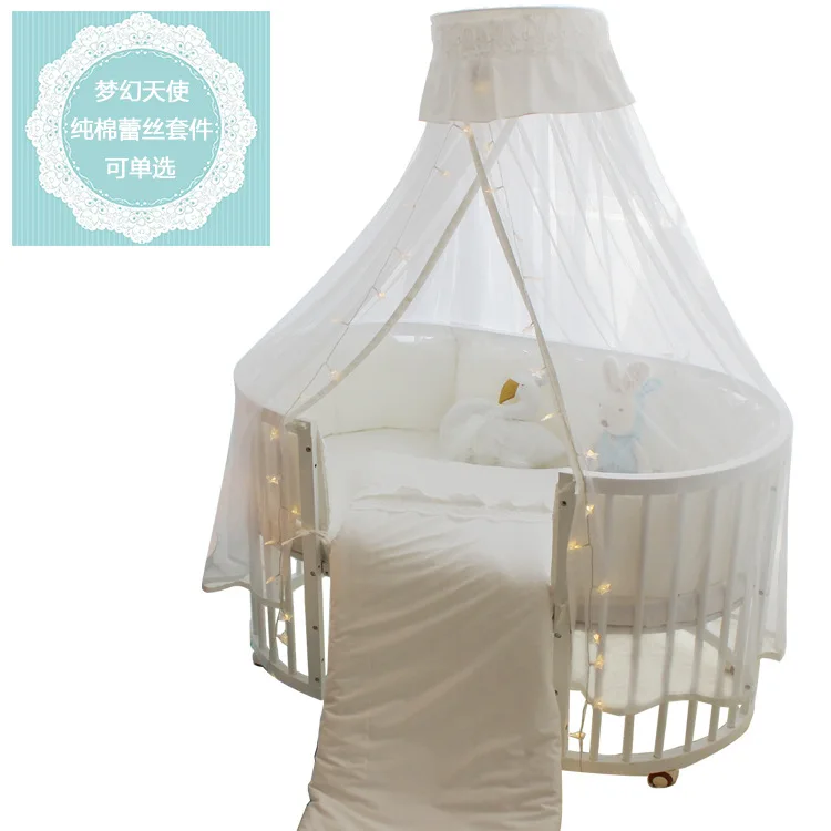 5pcs Set INS Lace Baby Elliptic Crib Bumpers Cotton Solid Color Round Cot Surrounding Protector Baby Craddle Removable Bedding (6)