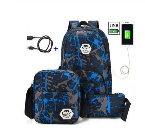 

3pcs USB Male backpack bag set red and blue high school bag for boys one shoulder big student book bag men school backpack women