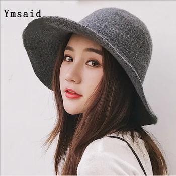 

Panama Bucket Hat High Quality Women Wool Hat Warm Autumn Winter Knitted Hats For Women Ladies Solid Plain Wide Brim Hats