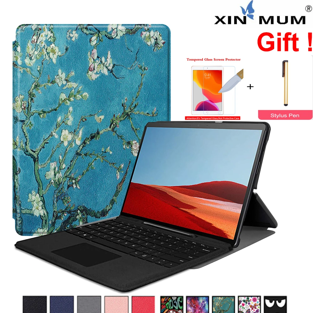 

For Microsoft Surface Pro X Case PU Leather with Pencil Holder Cover for Surface Pro X 13 Inch 2019 Gift Tempered Glass Film
