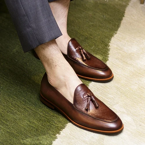Men Tan Shoes Luxury Round Toe Slip on Man Heels Comfortable Shoes Genuine Leather Ostrich Pattern Loafers Handmade Men's Tassels Flats NHS115 - Цвет: Men Tan Shoes