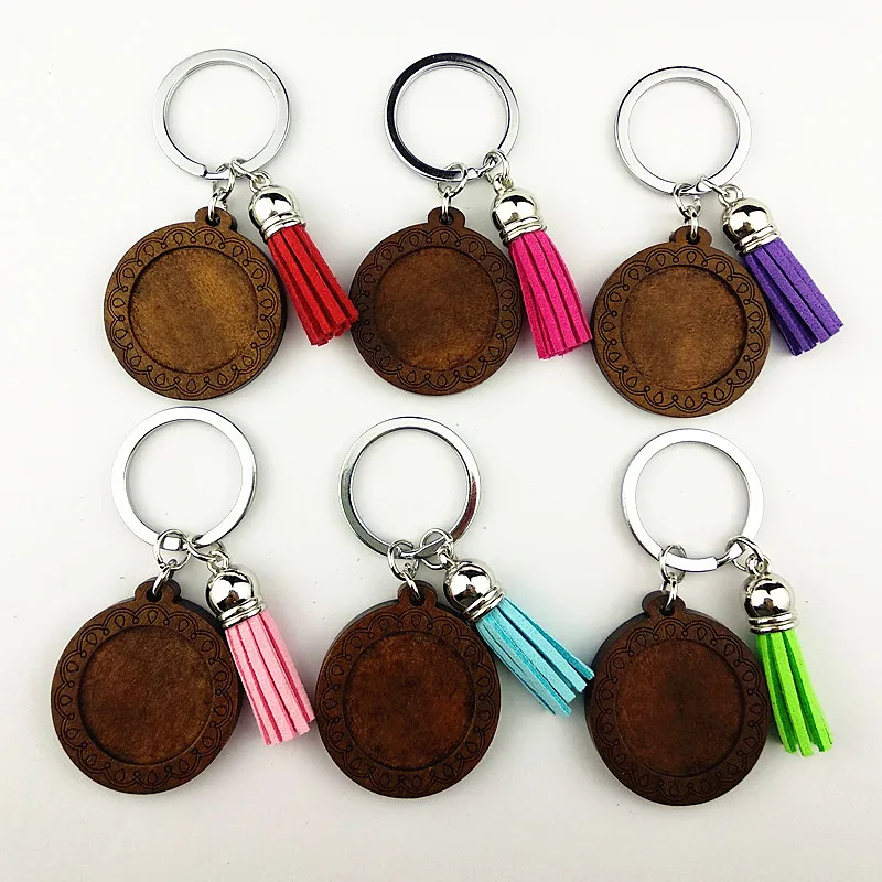 

Jiangzimei 24pcs log color brown sunflower cats 25mm Wood Cabochon Stainless Steel Keychain Blank Wooden pendant with tassels